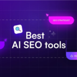 Best AI SEO tools concept showing search icon with labels like SEO strategist, copywriter, and AI bot on a purple digital background