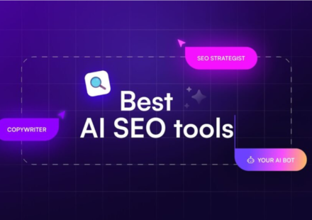 Best AI SEO tools concept showing search icon with labels like SEO strategist, copywriter, and AI bot on a purple digital background